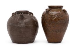 TWO ORIENTAL BROWN GLAZED JARS