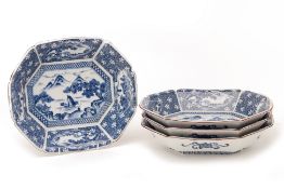 A SET OF FOUR BLUE AND WHITE OCTAGONAL DISHES