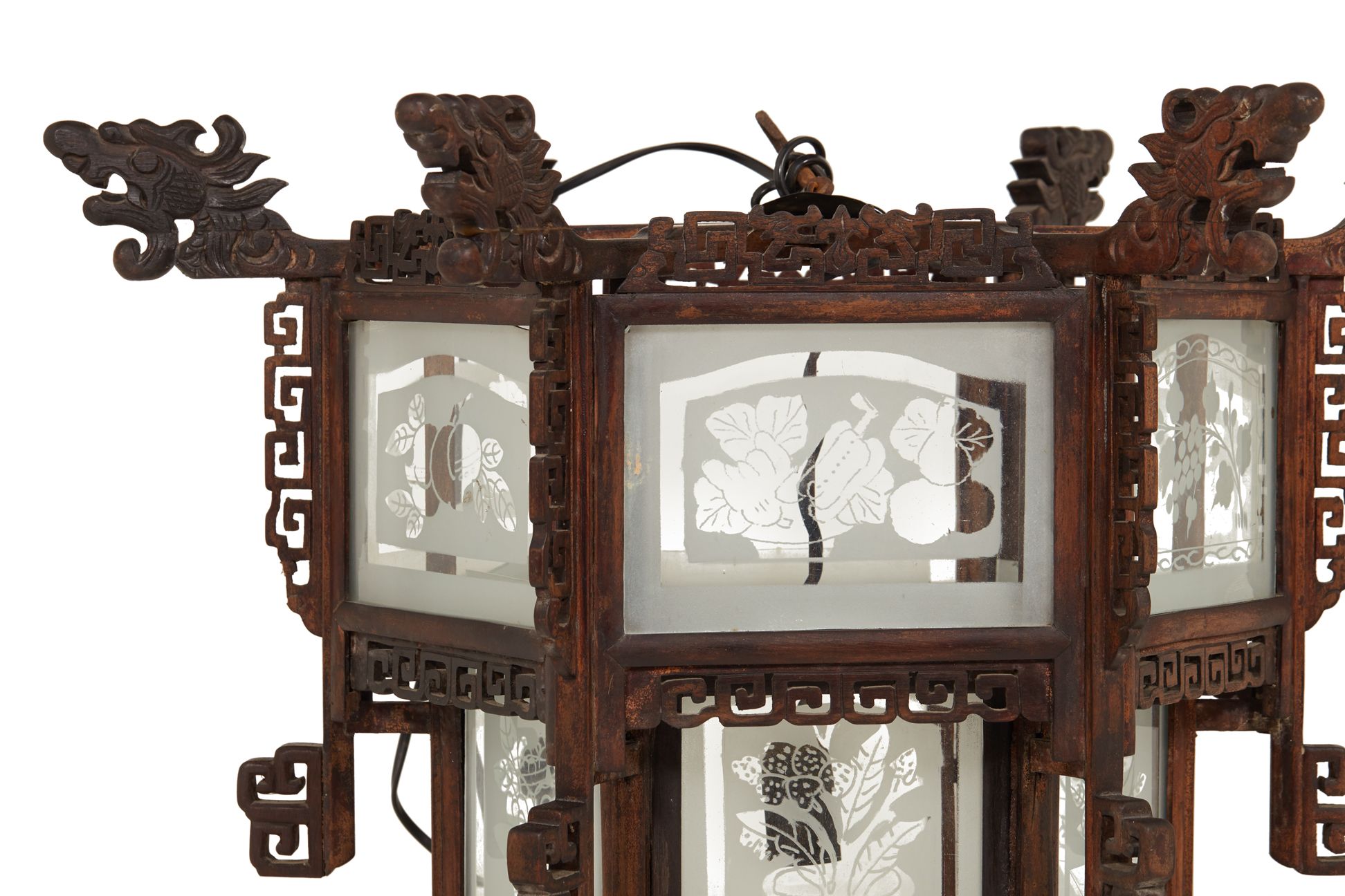 A LARGE ORIENTAL CARVED WOOD AND GLASS HANGING LANTERN - Image 2 of 2