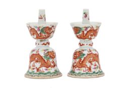 A PAIR OF CHINESE ENAMELLED PORCELAIN CANDLESTICKS