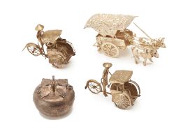 A GROUP OF ORIENTAL SILVER PLATED DECORATIVE OBJECTS