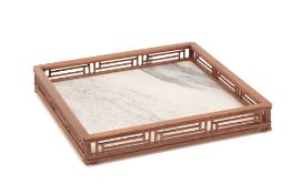 A SQUARE HARDWOOD AND MARBLE TRAY