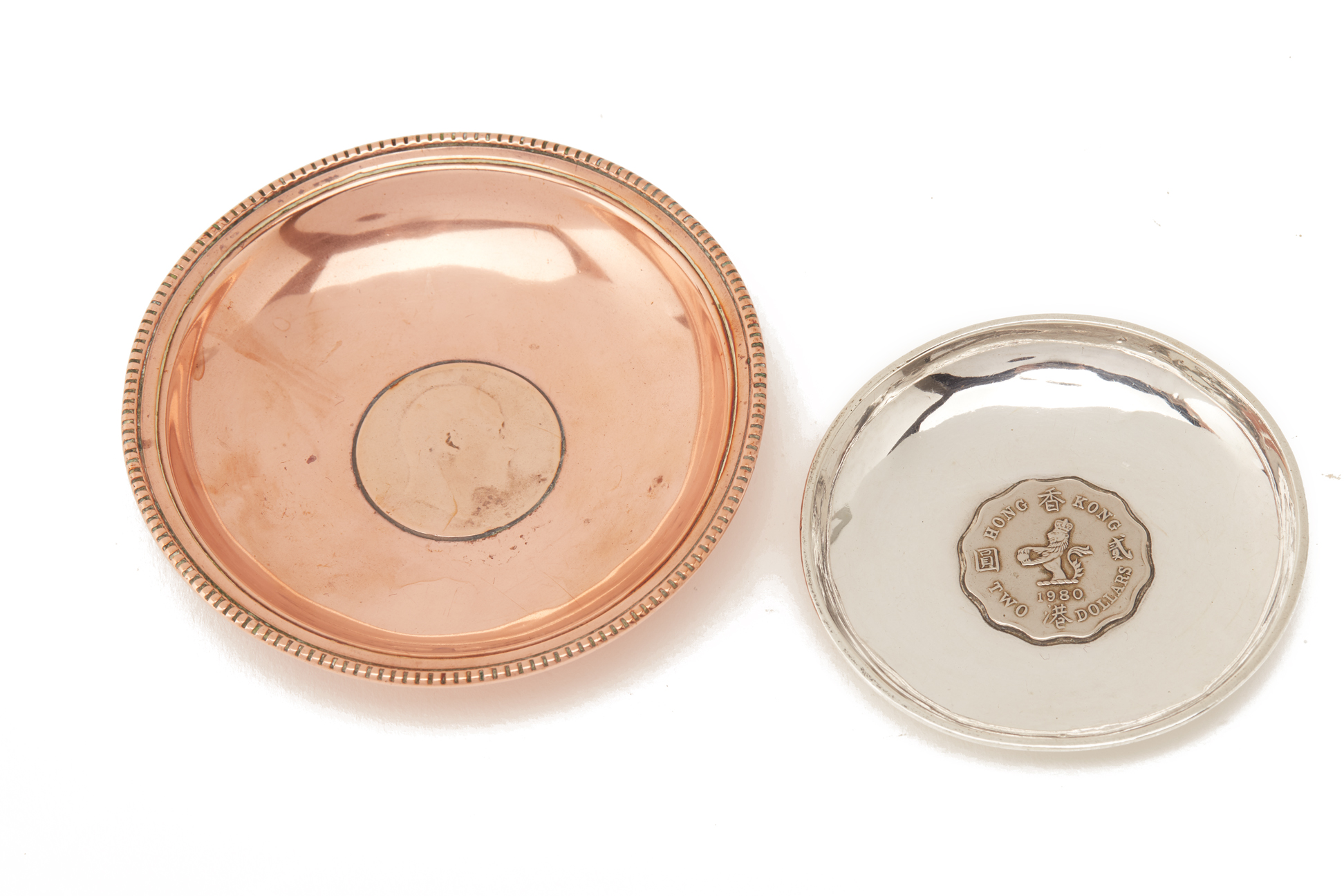 A HONG KONG COIN SET SILVER DISH & AN ENGLISH COPPER EXAMPLE