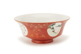 A CHINESE CORAL GROUND MEDALLION BOWL