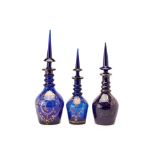 THREE LARGE COBALT BLUE BOHEMIAN GLASS DECANTERS