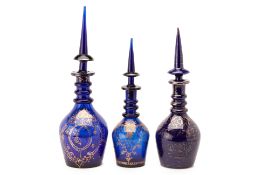 THREE LARGE COBALT BLUE BOHEMIAN GLASS DECANTERS