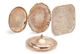 A GROUP OF SILVER PLATED TRAYS AND DISH