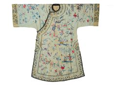 A CHINESE PALE BLUE EMBROIDERED SILK INFORMAL ROBE
