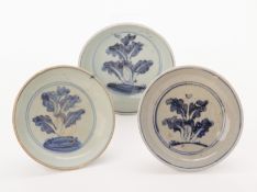 THREE BLUE AND WHITE PORCELAIN CABBAGE DISHES