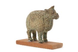 A CHINESE GOLD INLAID BRONZE MODEL OF A RHINOCEROS