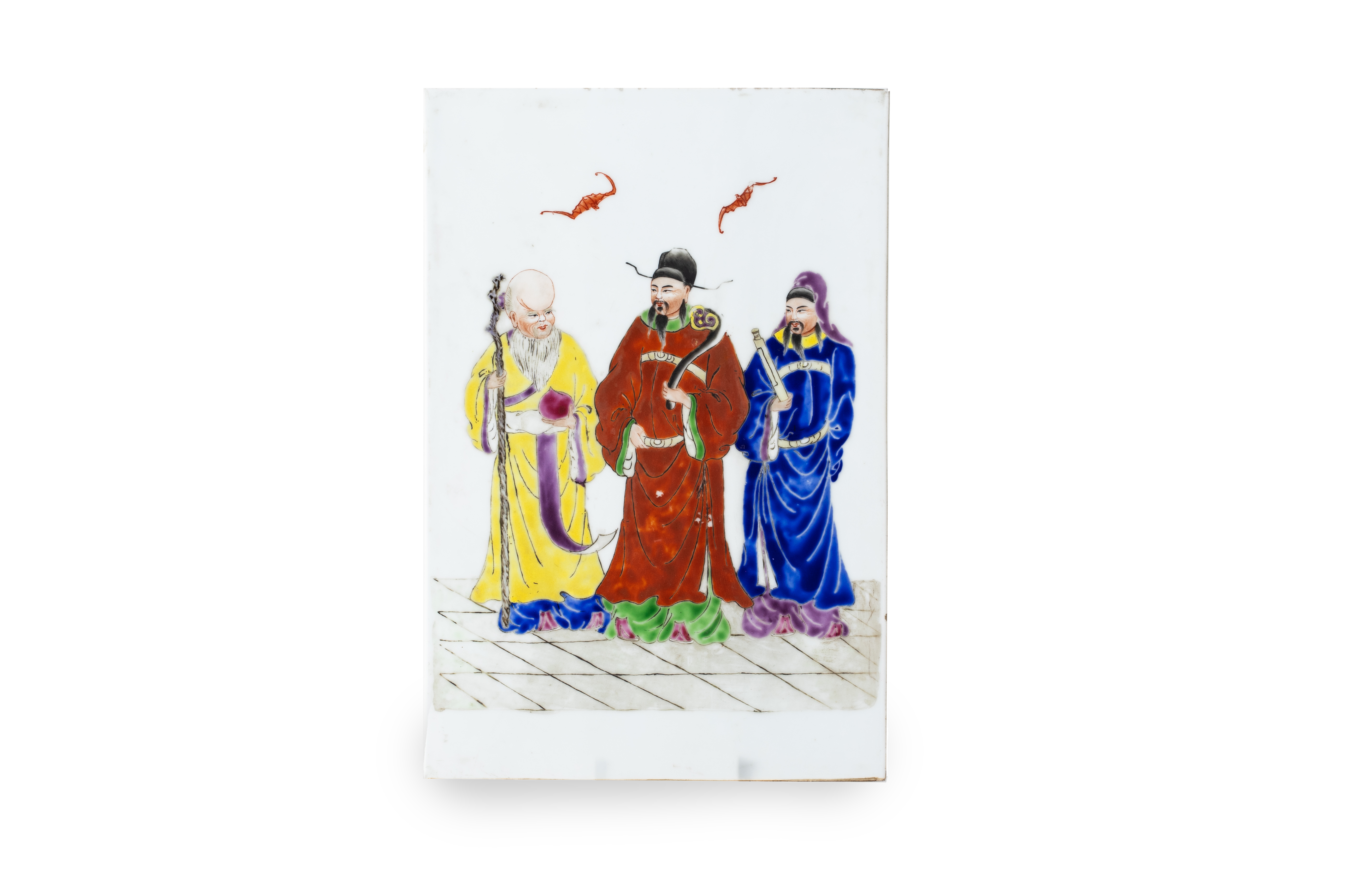 A CHINESE FAMILLE ROSE FU, LU, SHOU PORCELAIN PLAQUE