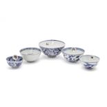 FIVE BLUE AND WHITE PORCELAIN BOWLS