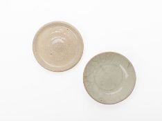 TWO SMALL CRACKLE GLAZED SHALLOW DISHES
