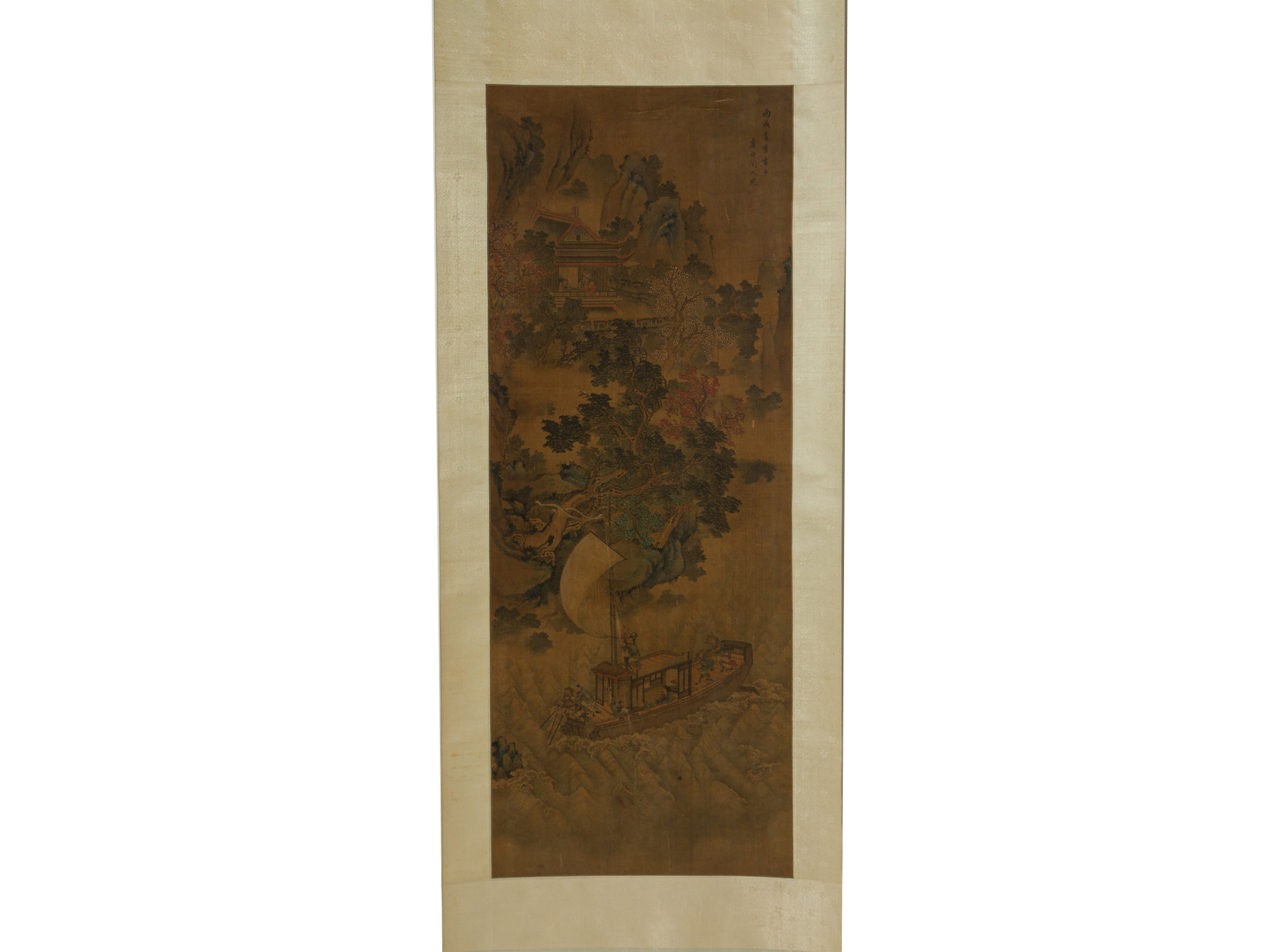 A CHINESE HANGING SCROLL OF A BOAT IN A STORM