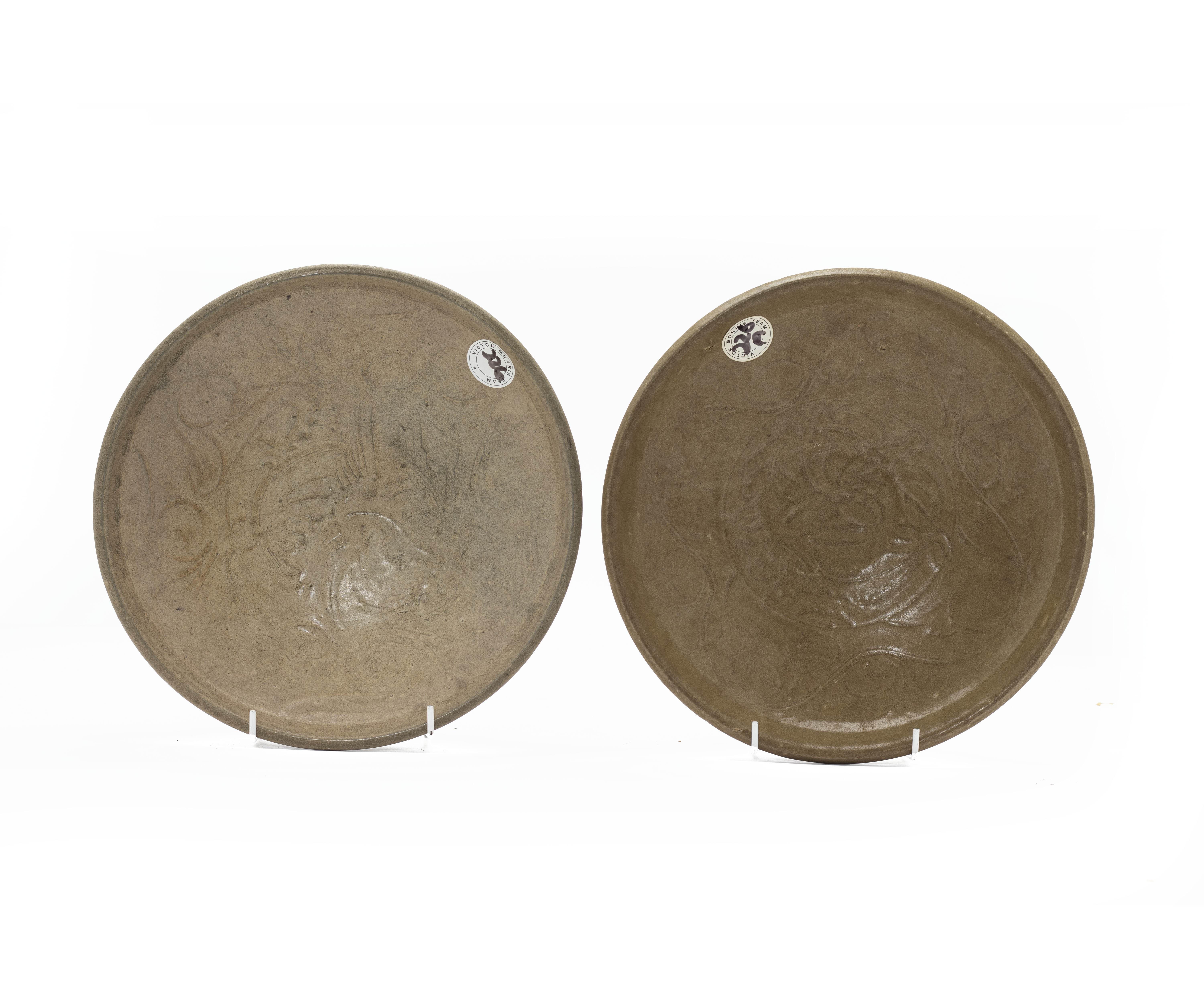 TWO INCISED CELADON SHALLOW BOWLS