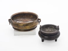 TWO CHINESE BRONZE TWIN HANDLED CENSERS