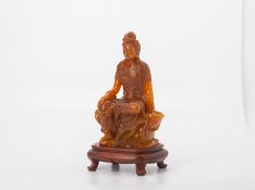 A CHINESE CARVED SHOUSHAN FIGURE OF GUANYIN