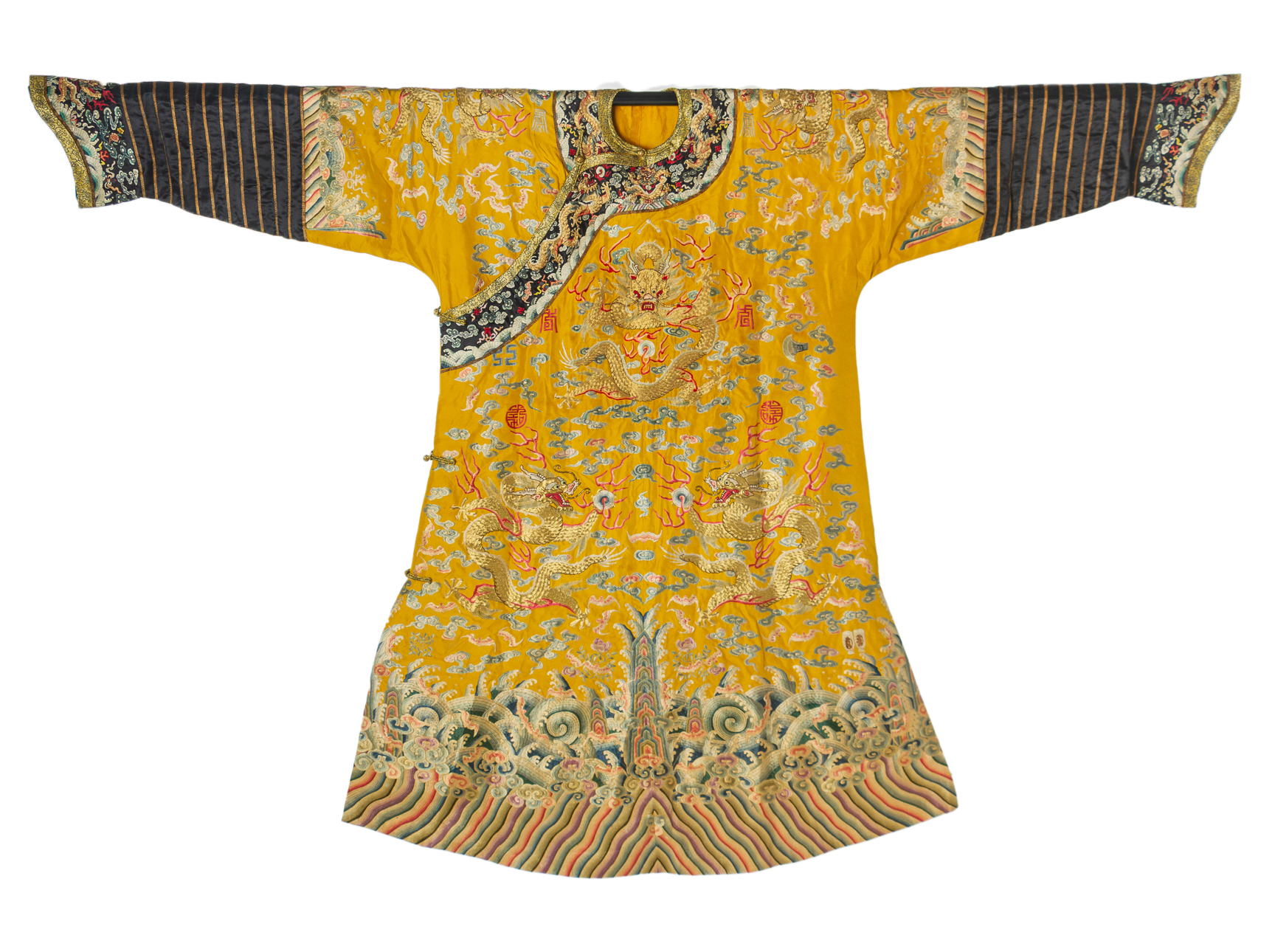 A CHINESE YELLOW EMBROIDERED SILK 'DRAGON' ROBE