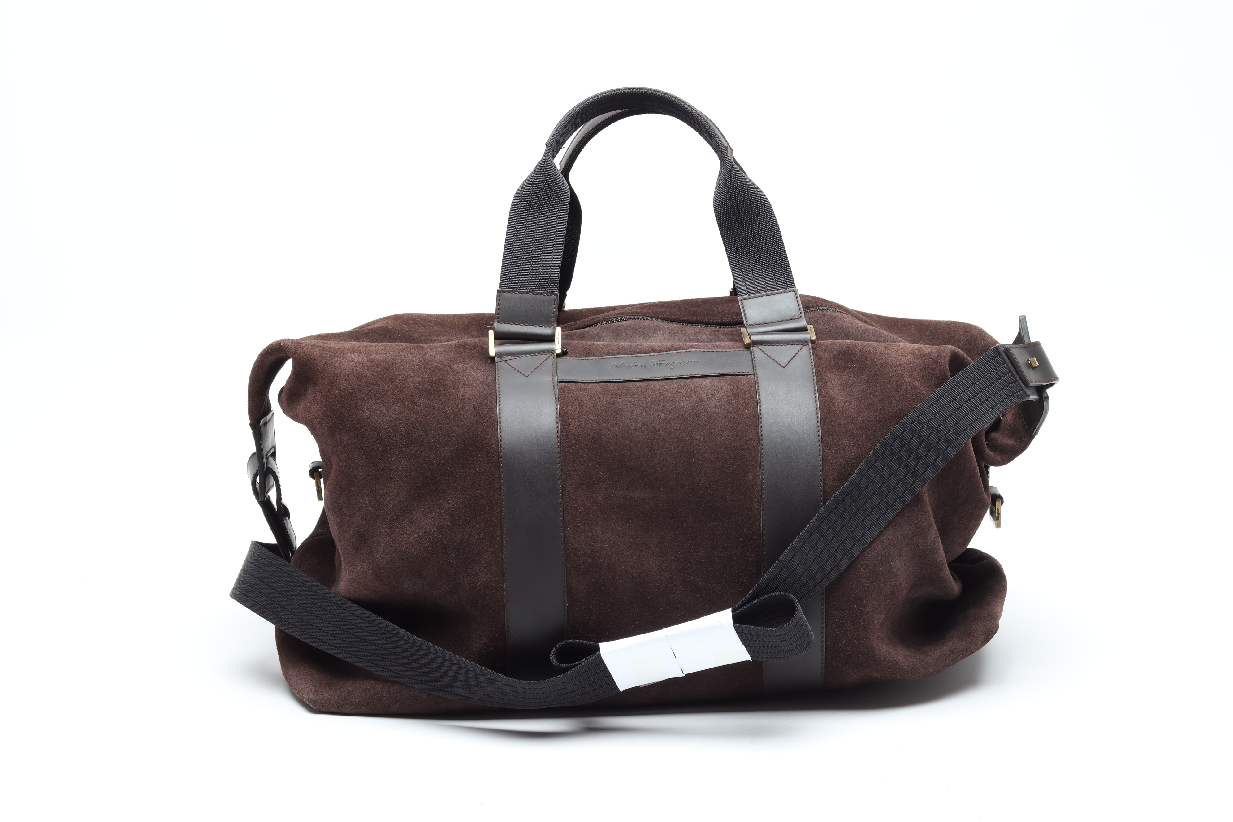 A SALVATORE FERRAGAMO BROWN SUEDE DUFFLE BAG