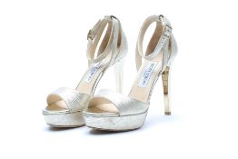 A PAIR OF JIMMY CHOO SNAKE METALLIC PLATFORM SANDALS EU36