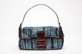 A FENDI BLUE SATIN AND BEADED BAGUETTE BAG