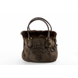 A PRADA BROWN SUEDE SHEARLING MINK TRIM TOTE BAG