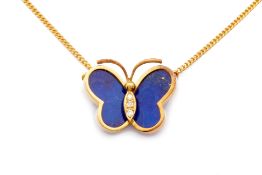 A LAPIS LAZULI AND DIAMOND BUTTERFLY PENDANT NECKLACE