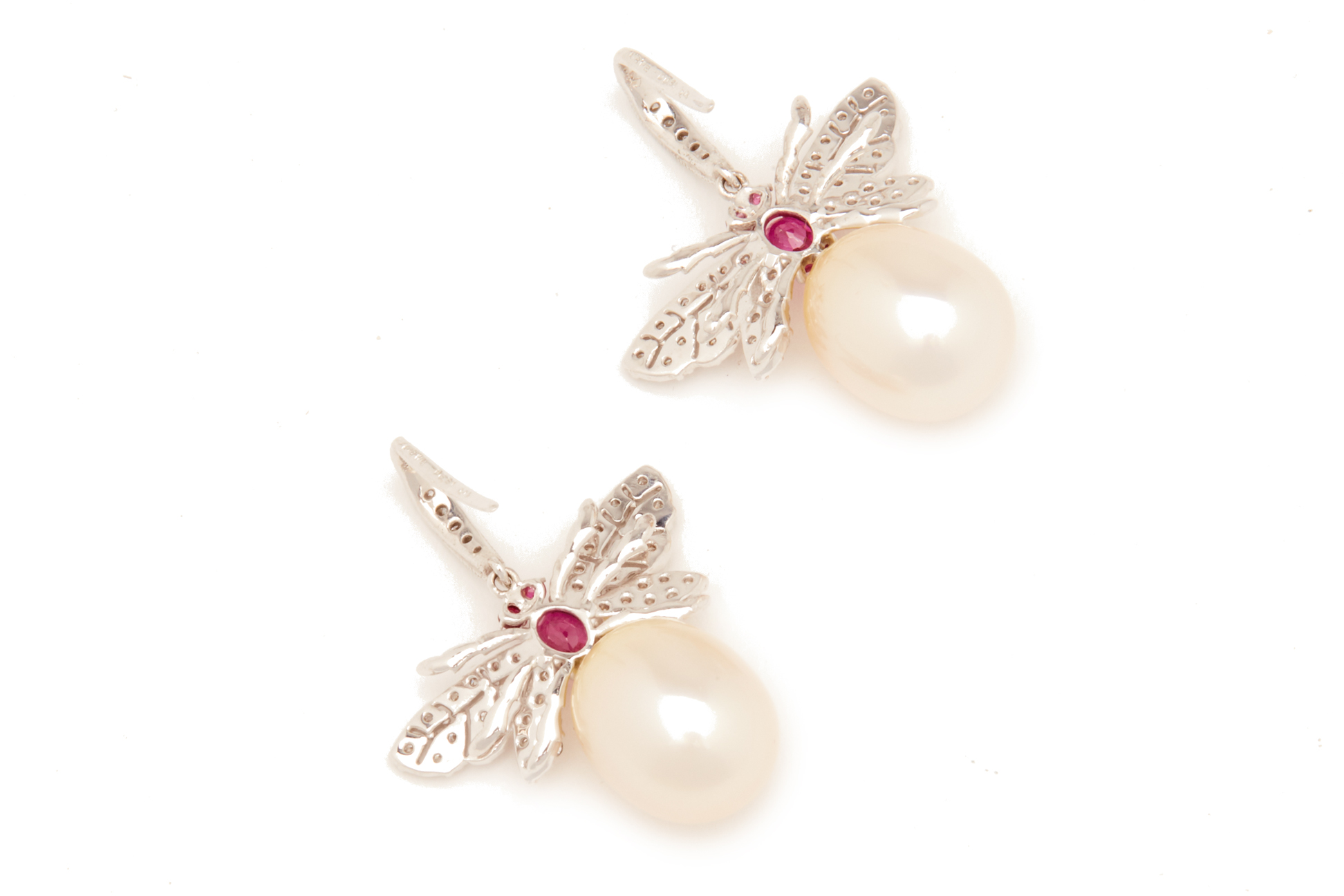 A PAIR OF CULTURED PEARL, DIAMOND AND RUBY EARRINGS - Image 2 of 3