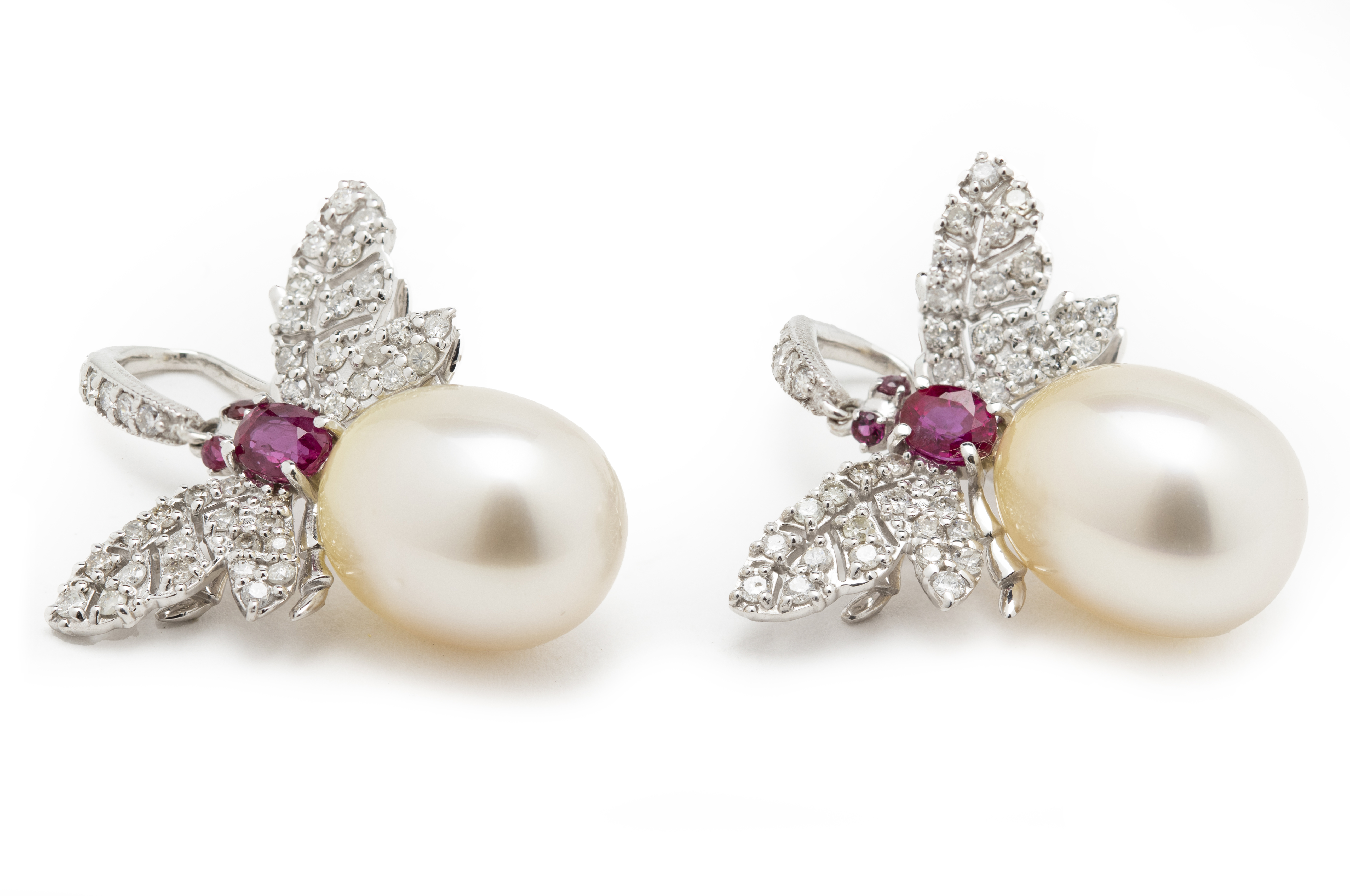 A PAIR OF CULTURED PEARL, DIAMOND AND RUBY EARRINGS