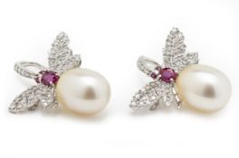 A PAIR OF CULTURED PEARL, DIAMOND AND RUBY EARRINGS