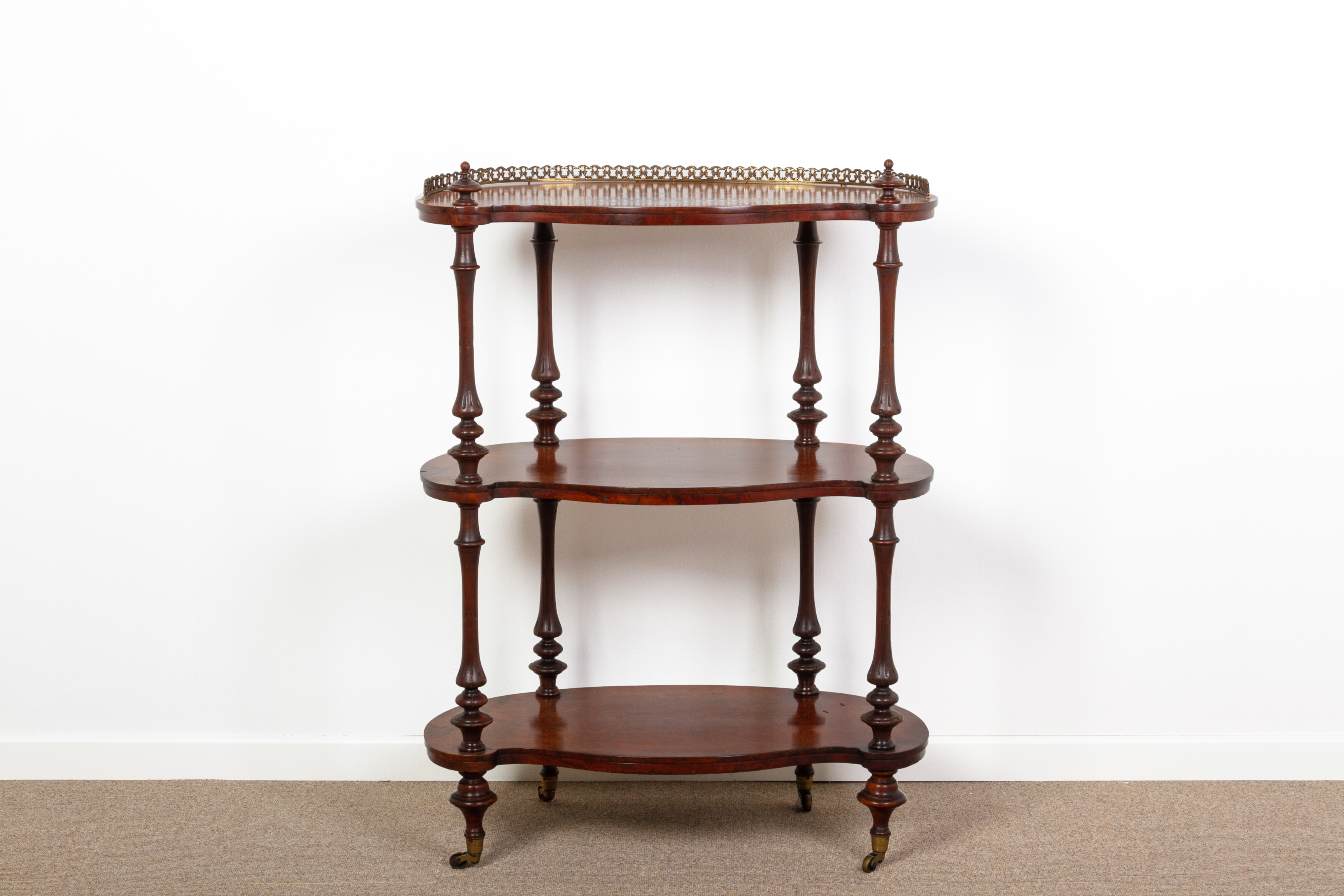 A VICTORIAN BURR WALNUT THREE-TIER KIDNEY SHAPED WHATNOT - Image 2 of 3