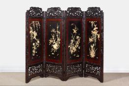 A JAPANESE INLAID LACQUER AND CARVED WOOD FOUR FOLD SCREEN