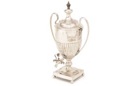 A LATE VICTORIAN SILVER PLATED TWIN-HANDLED TEA URN