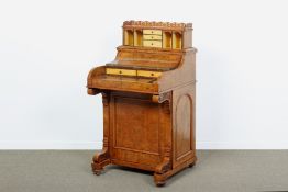 A VICTORIAN BURR WALNUT PIANO TOP DAVENPORT DESK