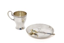 A RUSSIAN SILVER CUP AND SAUCER AND A CLOISONNE ENAMEL SPOON