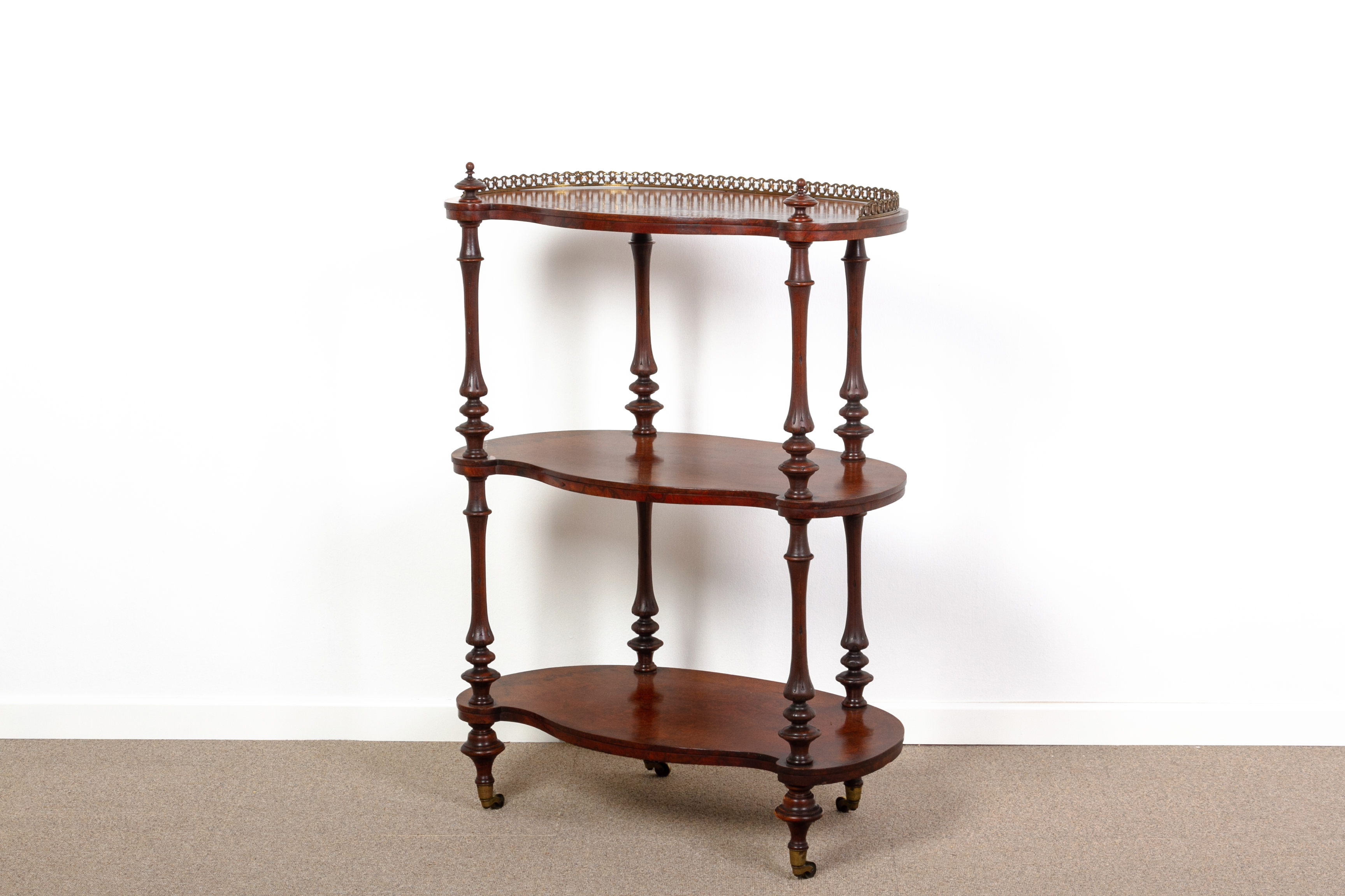 A VICTORIAN BURR WALNUT THREE-TIER KIDNEY SHAPED WHATNOT