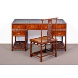 A CHINESE HARDWOOD AND BURLWOOD TWIN PEDESTAL DESK AND CHAIR