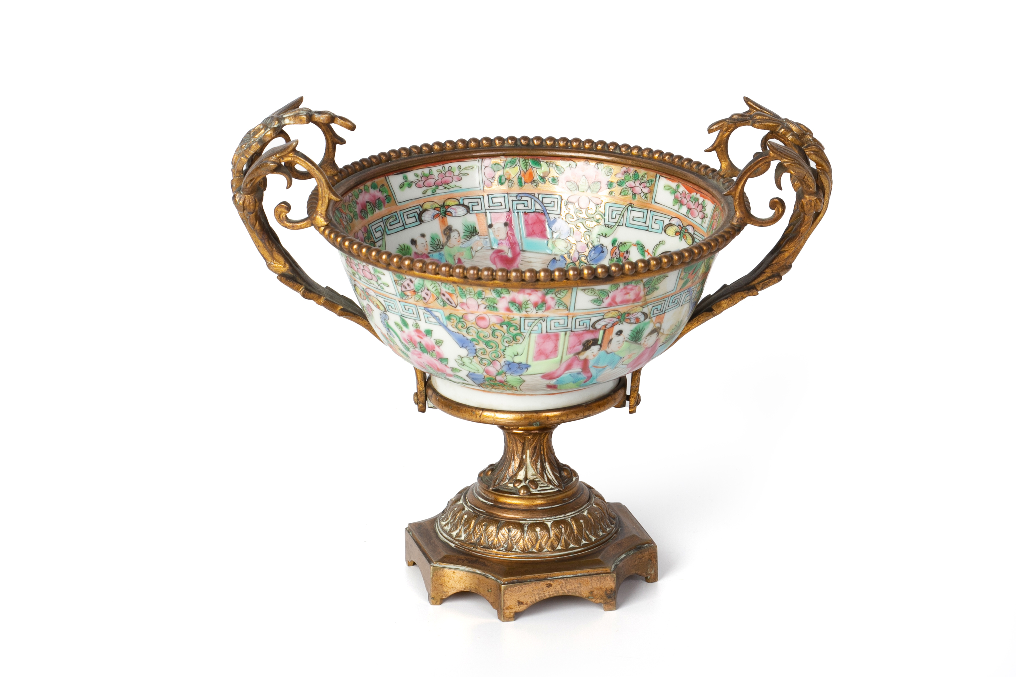 AN ORMOLU-MOUNTED CANTON FAMILLE ROSE PORCELAIN BOWL