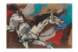 M.F. HUSAIN (INDIAN, 1913–2011)-WHITE BLUE GREY BROWN HORSE