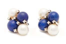 A PAIR OF CULTURED PEARL, LAPIS LAZULI AND DIAMOND EARRINGS