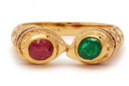 A RUBY, EMERALD AND DIAMOND TOI ET MOI RING