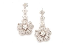 A PAIR OF FLORAL CLUSTER DIAMOND DROP EARRINGS