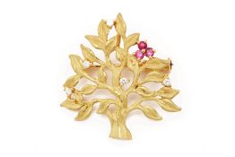 A RUBY AND DIAMOND TREE BROOCH