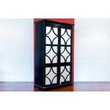 A MIRROR FRONTED BLACK CABINET