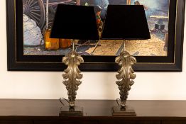 A PAIR OF SILVERED ACANTHUS LEAF TABLE LAMPS