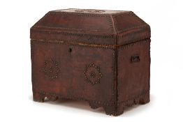 AN ANTIQUE BRASS STUDDED LEATHER COFFER / CASKET