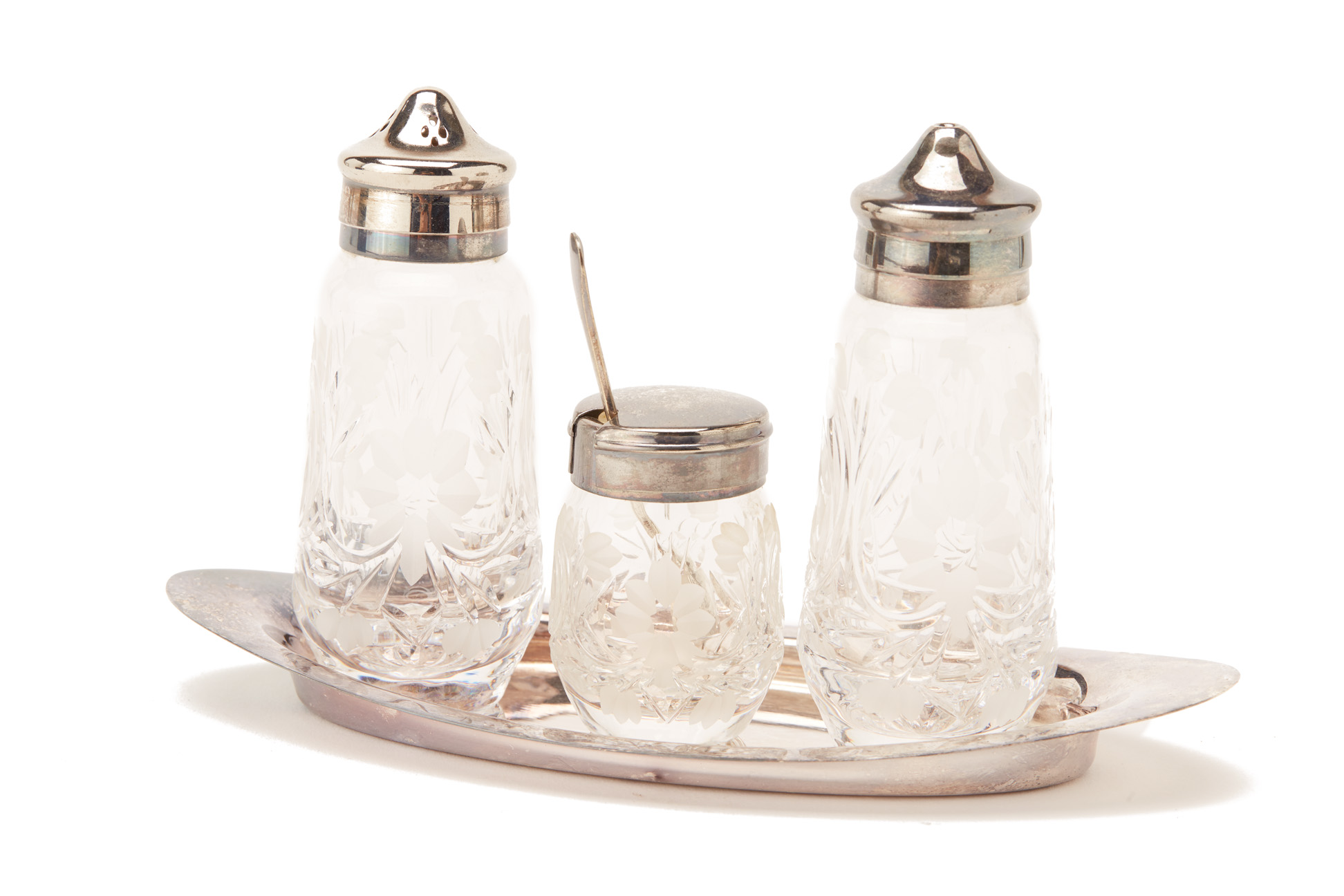 A SILVER PLATED THREE PIECE CONDIMENT SET WITH TRAY