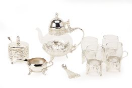 AN EKAANI SILVER PLATED AND GLASS TEA/COFFEE SET