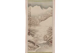 A CHINESE HANGING SCROLL OF FIGURES IN A SNOWY LANDSCAPE