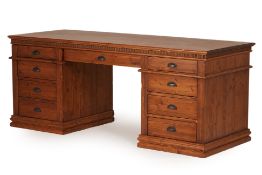 A LARGE PINE TWIN PEDESTAL DESK